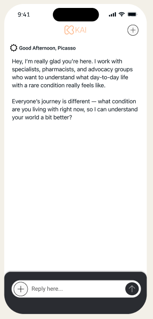 KAI App Interface - Welcome and Conversation Screens